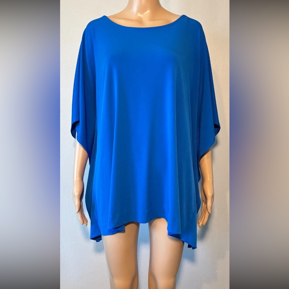 Alfani Women's Blouse Size XL Blue Pullover Batwing Short Sleeve Boat Neck Tunic